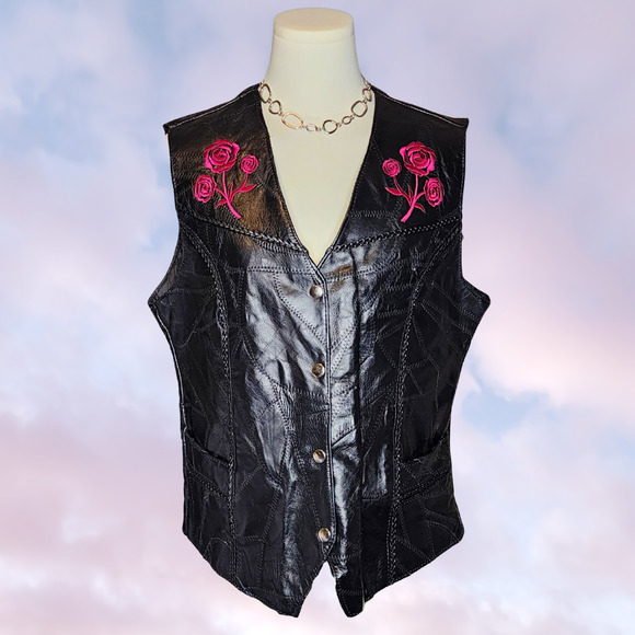 Buffalo Leather Jackets & Blazers - Black Diamond Plate Biker Leather Patchwork Motorcycle Western Red Rose Vest L